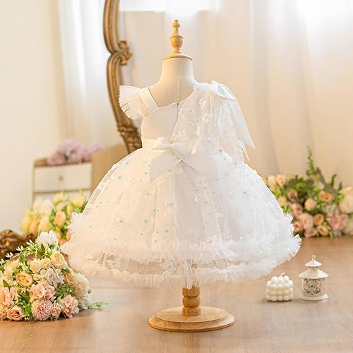 IDOPIP Toddler Baby Girls Birthday Dresses Asymmetric Tulle Tutu Pageant Wedding Flower Girl Dresses Bowknot Princess Gowns(White - Butterfly,1-2T)