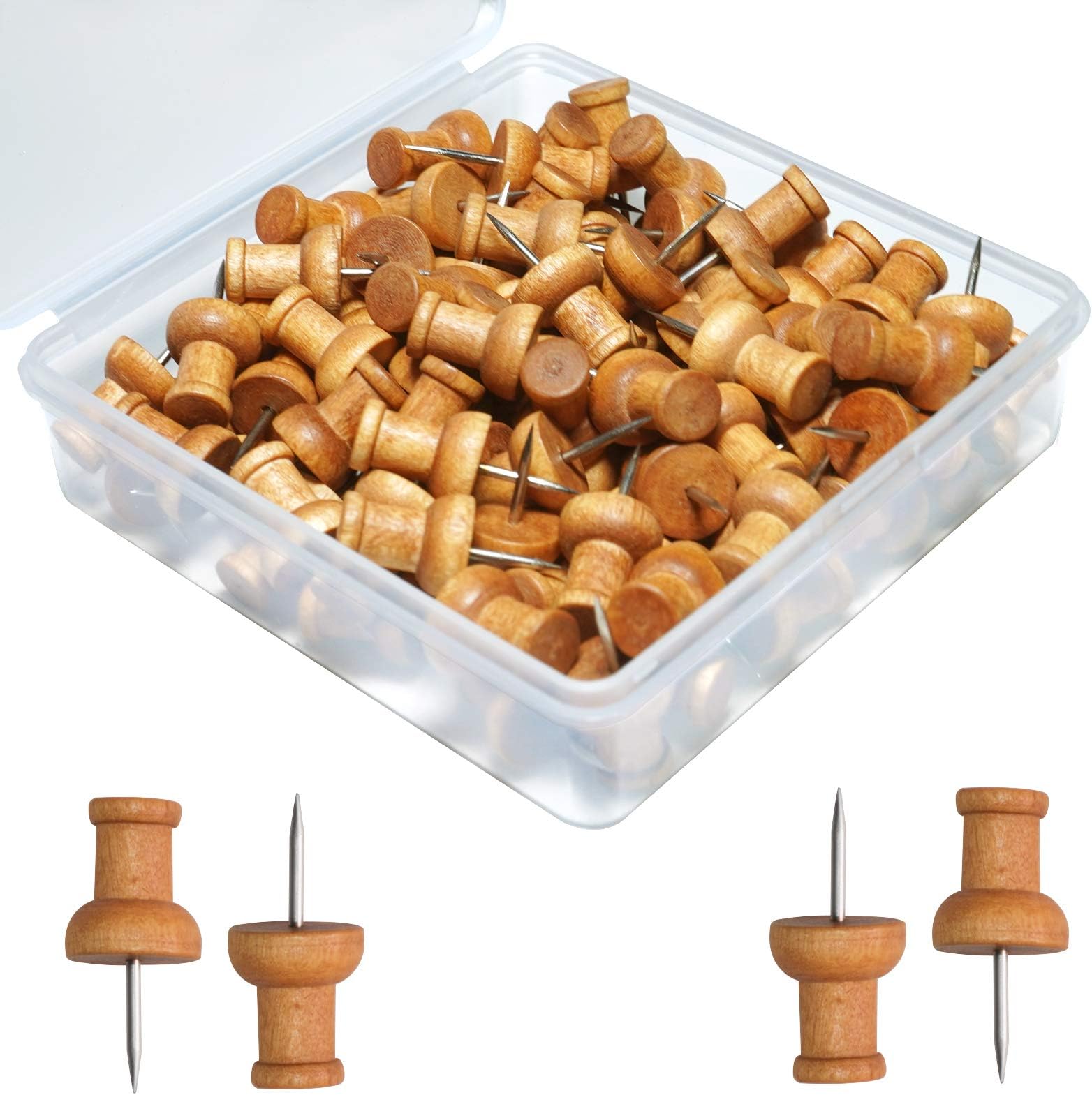 60 PCS Wooden Push Pins, Walnut, Wood Thumb Tacks Decorative for Bulletin Boards, Cork Boards, Foam Boards