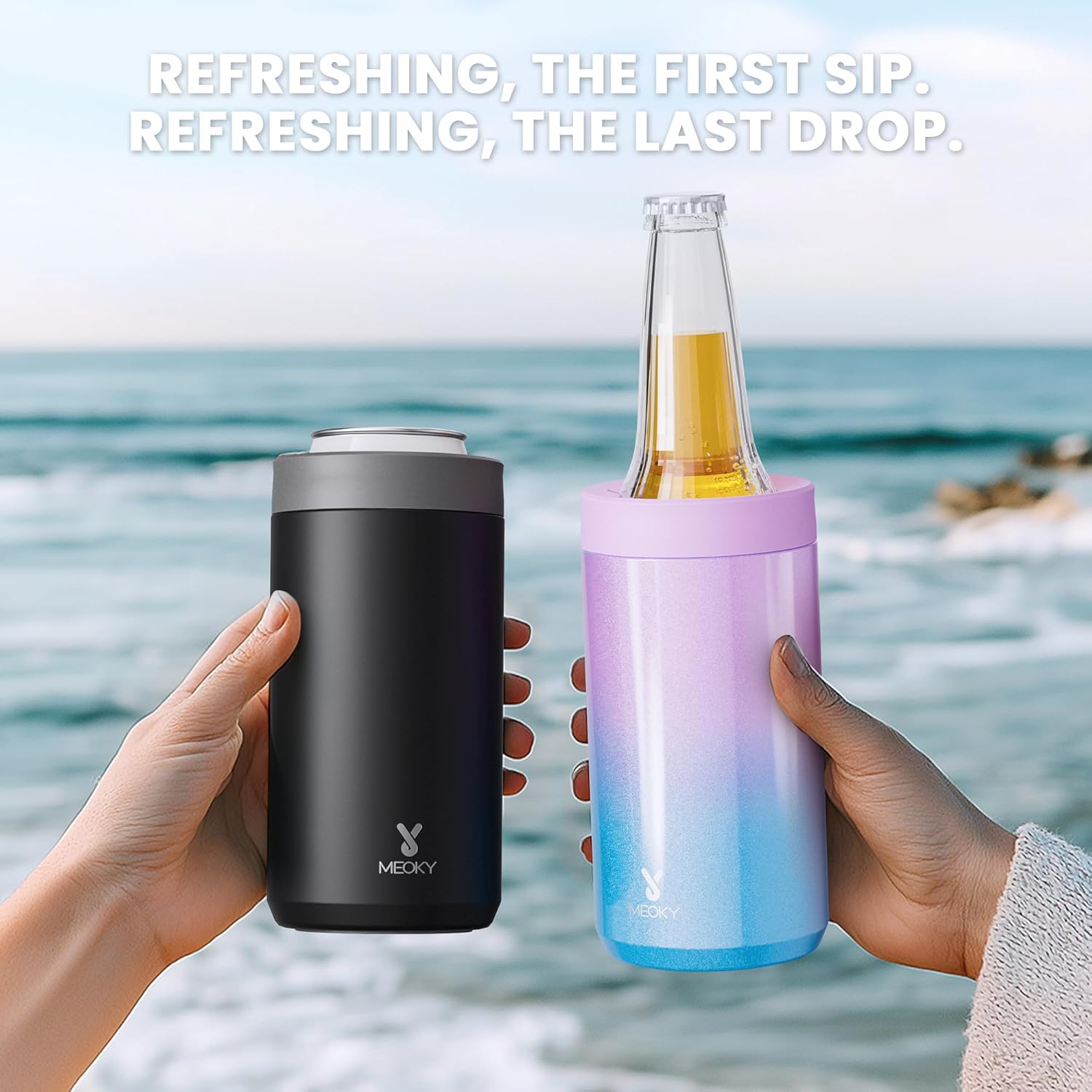 Meoky Universal Can Cooler for Women: One Size Fits All - for Slim Cans, Regular 12 & 16 oz Cans and Bottles - Insulated Double-Walled Stainless Steel - for Soda Lovers (Glitter Mermaid)