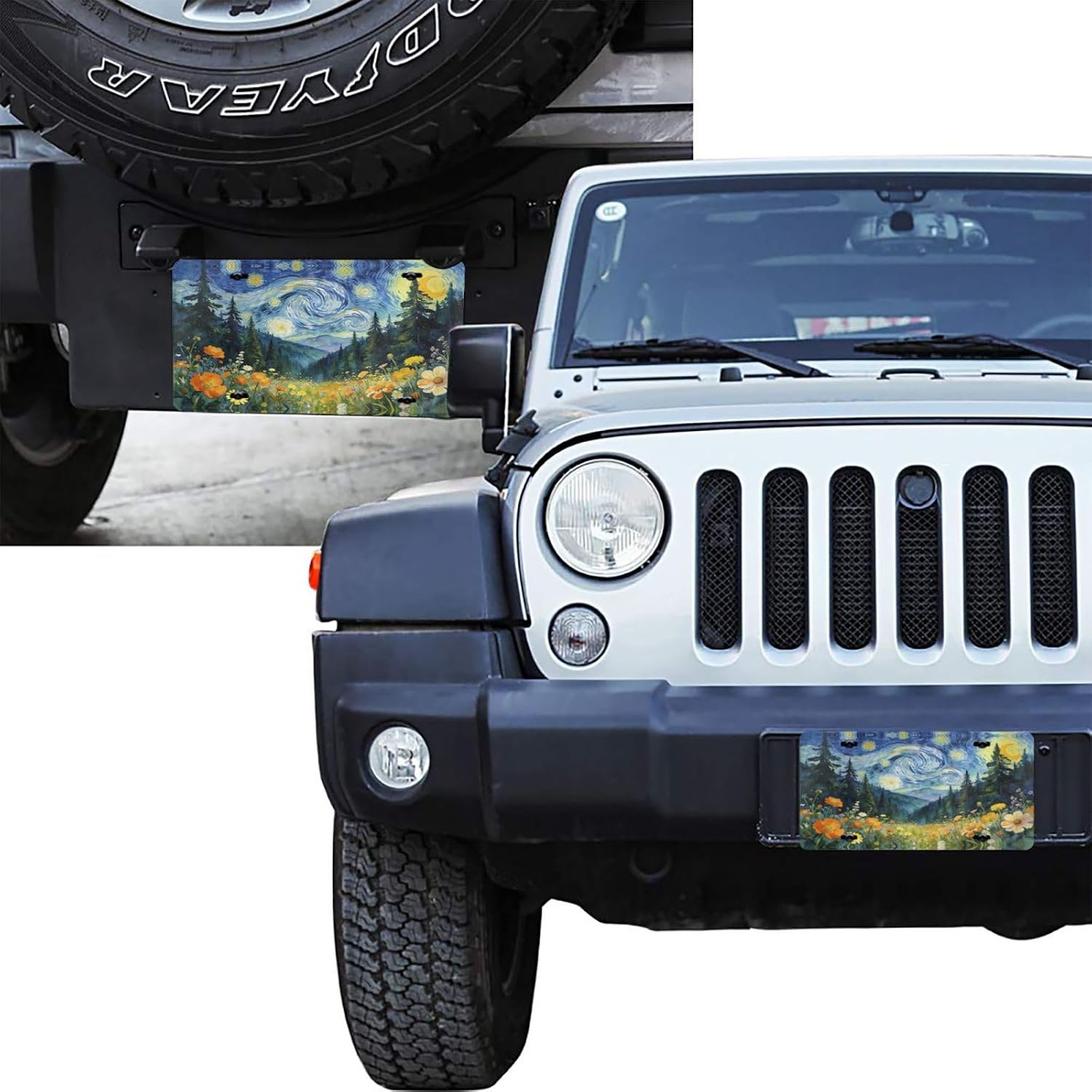 Starry Night Forest Wildflower Van Gogh Front License Plate Aluminum Decorative License Plates Funny Metal Car Plate Novelty Vanity Tag 6"X12" Car Decor Accessory with 4 Holes for Men Women