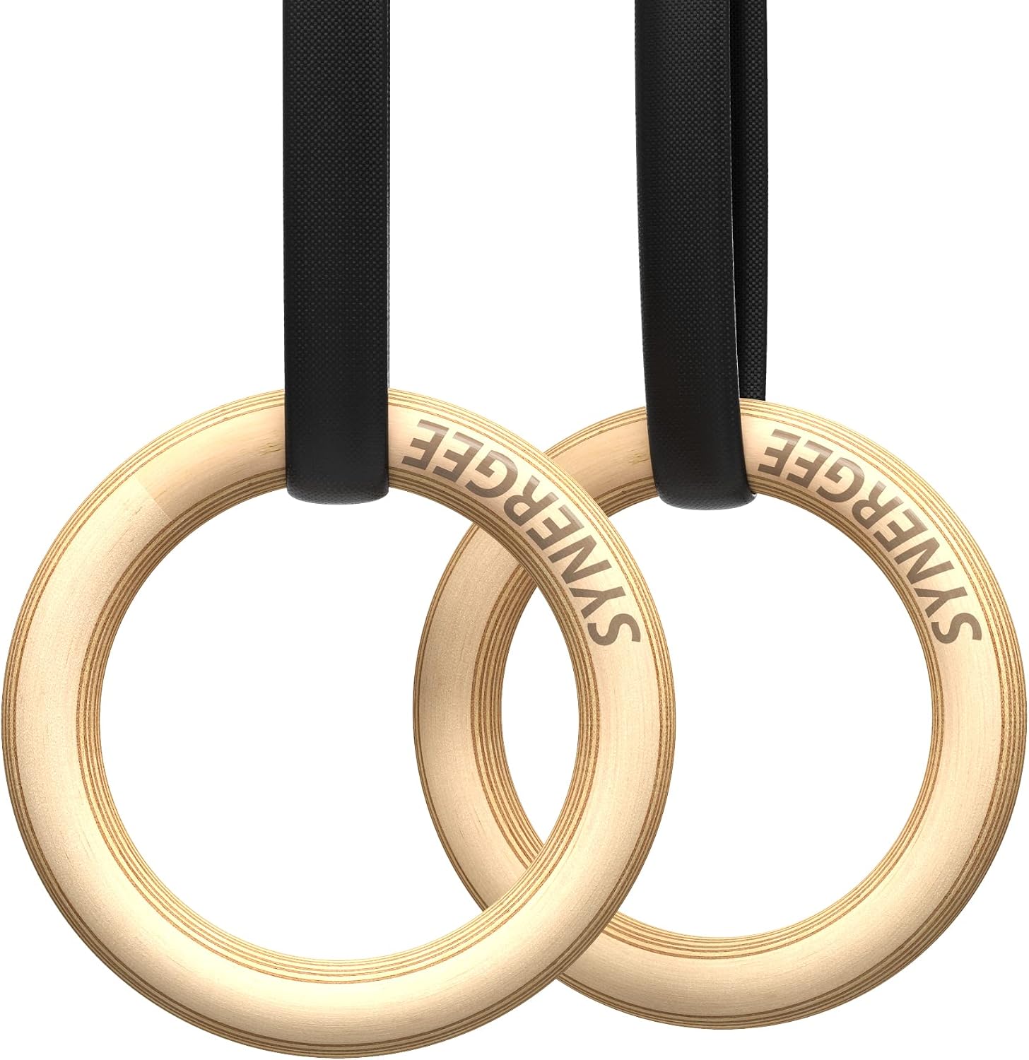 Synergee Wood Olympic Gymnastics Rings 1.25" Grip with Adjustable Straps for Pull Ups, Dips and Muscle Ups