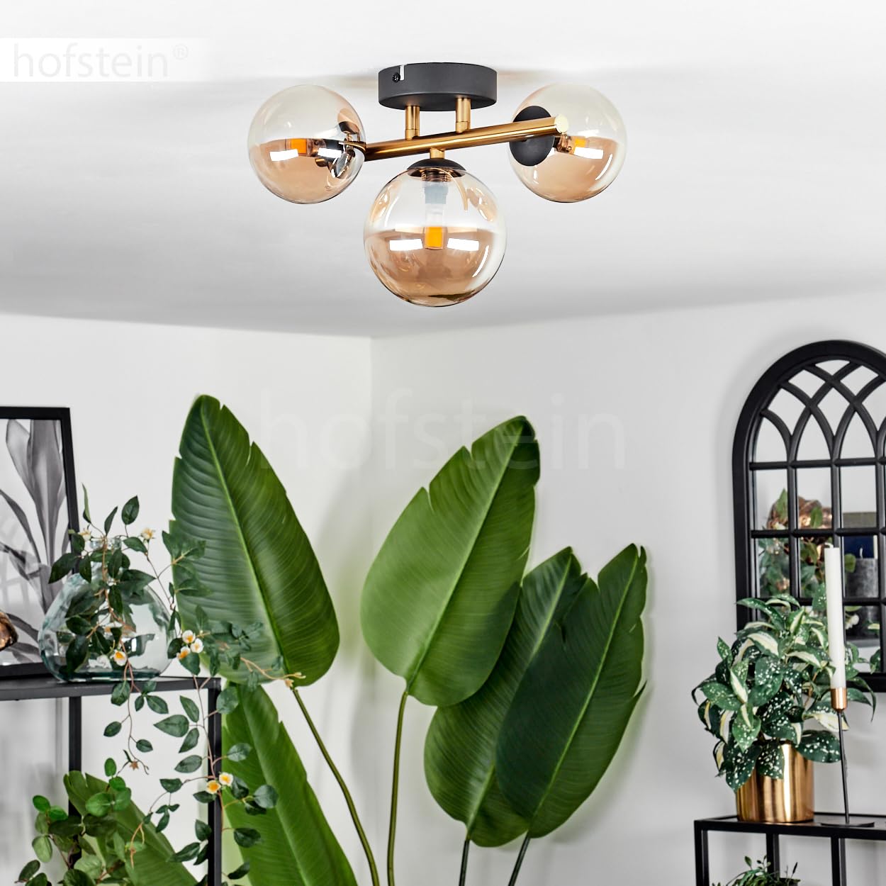 Lampada da soffitto Chehalis, lampada da soffitto in metallo/vetro nero/oro/ambra, design retrò/vintage con ombrelli in vetro (Ø 10 e 12 cm), 3 LED G9, senza lampadina
