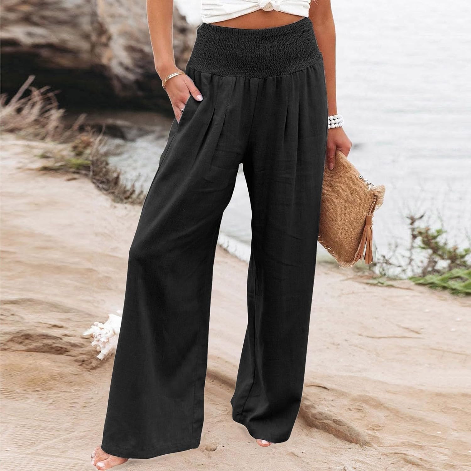 High Waist Cotton Linen Palazzo Trousers, Wide-Leg Long Lounge Pants with Side Pockets for Women Summer Daily Outfits