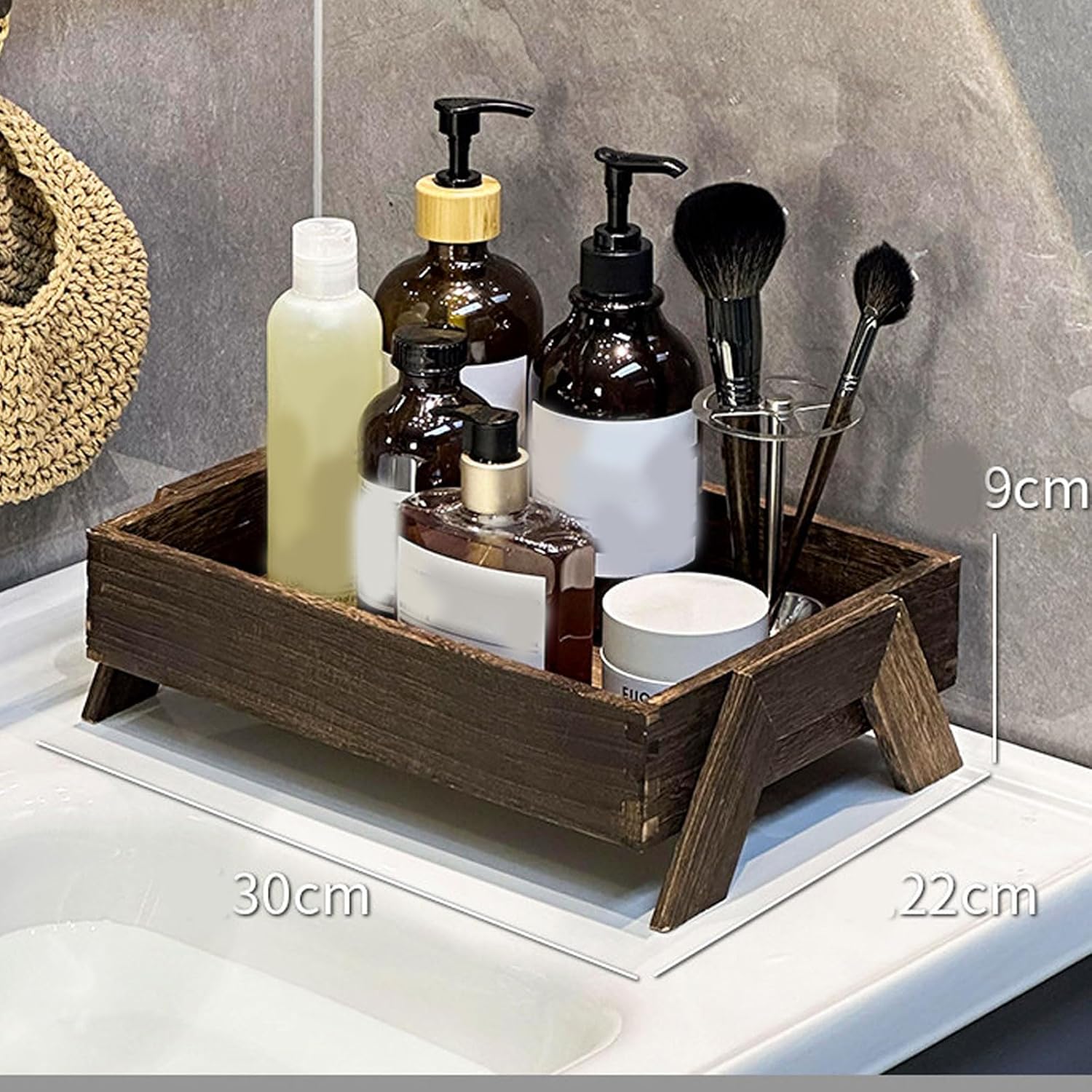 Wooden Bathroom Tray Dark Brown with Holder for Toiletry Bottles and Brush Cup Minimalist Vanity Organizer Home Decor