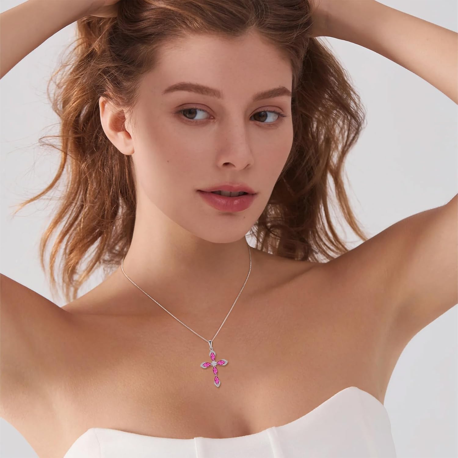 Women Cross Necklace 925 Sterling Silver Halo Gemstone Necklace Crucifix Religious Pendant Birthstone Jewelry Gifts for Her - Image 2