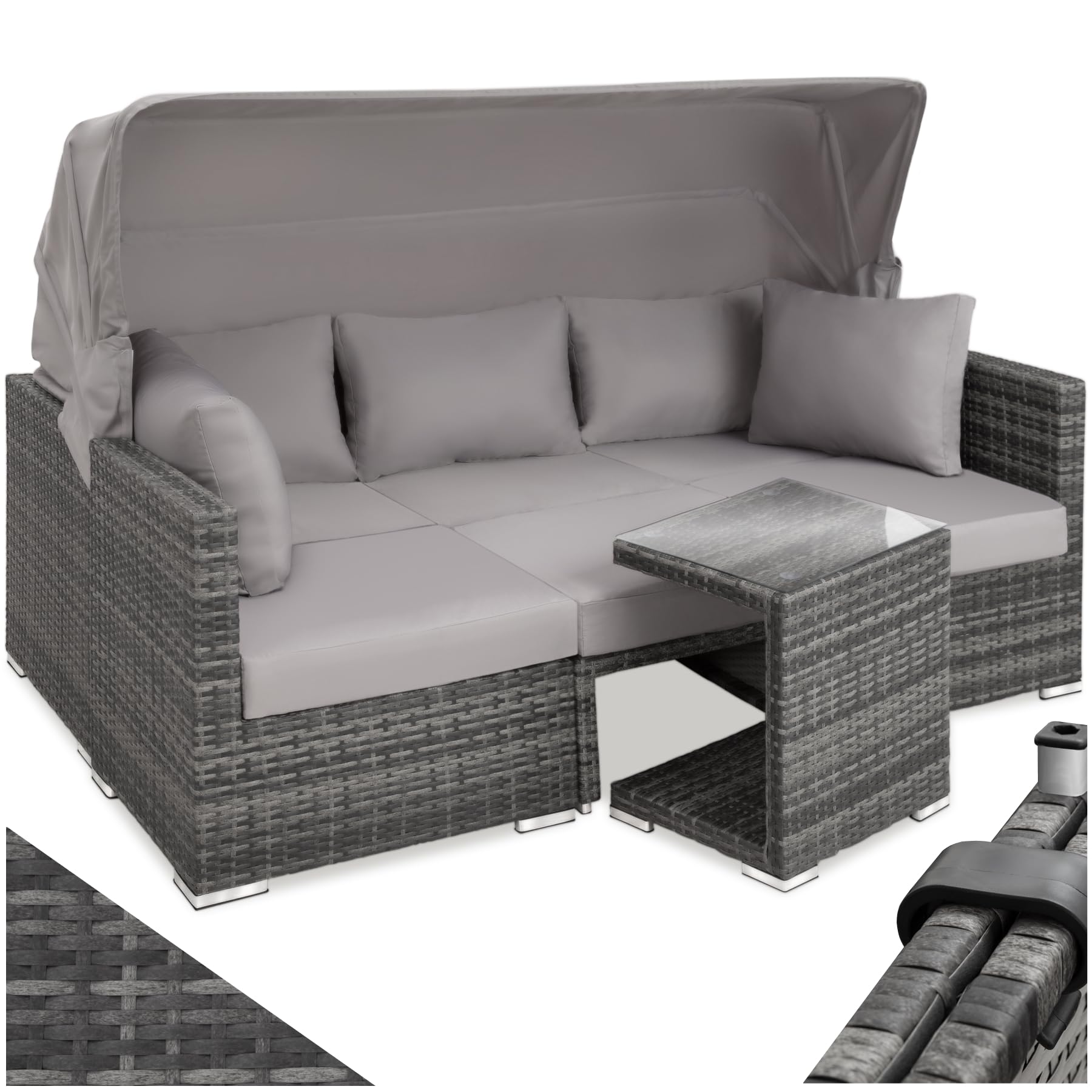 tectake® Rattan Sonneninsel Sitzgruppe, Alu Lounge Möbel Set inkl. Sofa mit Sonnendach, Hocker, Sesseln und Tisch, Outdoor Gartenmöbel, Loungemöbel Balkon und Garten, Terrassenmöbel, wetterfest - grau