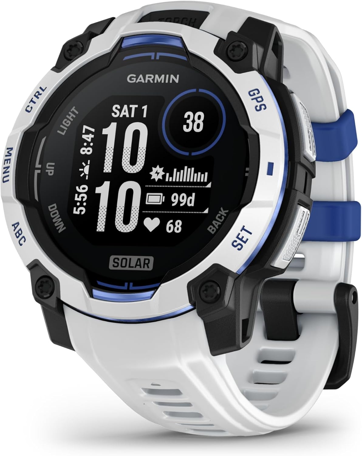 Garmin Instinct® 3 – 45 mm, Solar, Rugged Outdoor GPS Smartwatch, Built-in Flashlight, Supernova Collection Limited Edition Color, Whitestone with Whitestone/Bolt Blue Silicone Band Garmin Instinct® 3 – 45 mm, Solar, Rugged Outdoor GPS Smartwatch, Built-in Flashlight, Supernova Collection Limited Edition Color, Whitestone with Whitestone/Bolt Blue Silicone Band