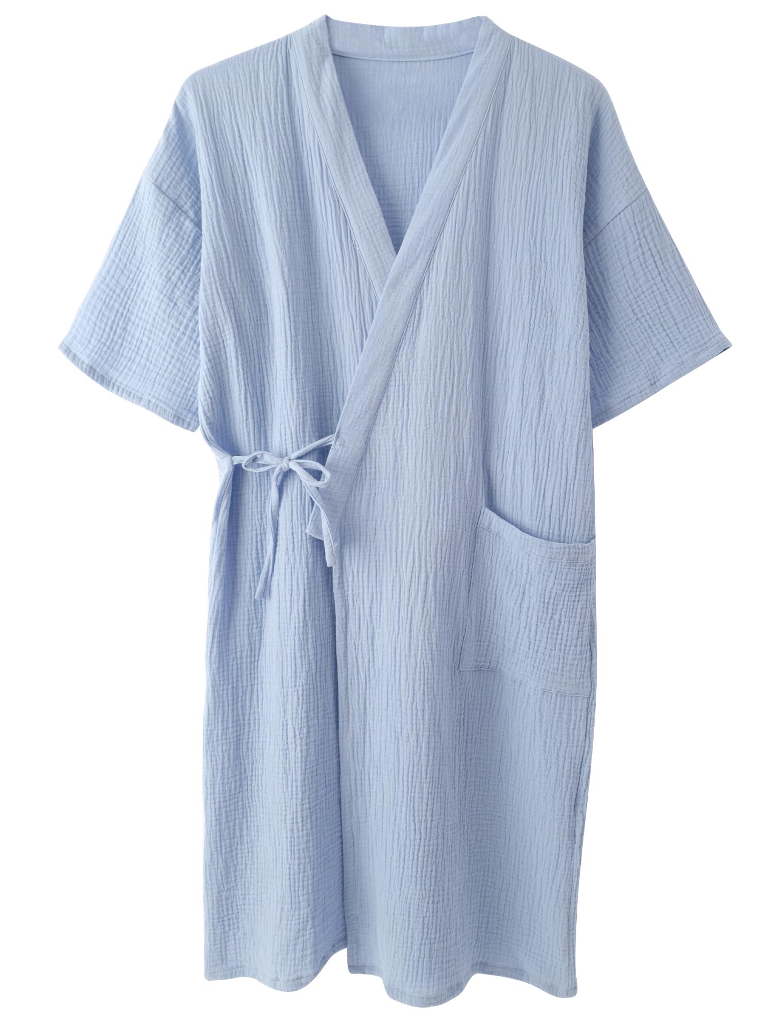 Maeau Gauze Bathrobe, Loungewear, Gown, 100% Cotton, Absorbent, Quick Drying, Front Opening, Room Wear, Breathable, Half Sleeves, Bath Supplies, Hotel, Women's, Men's 2XL blue