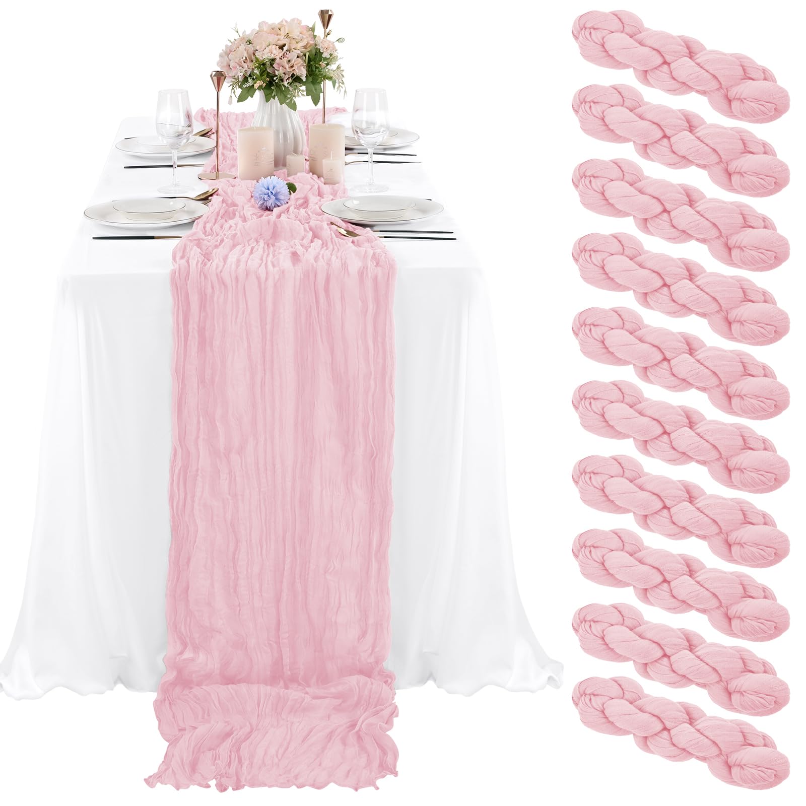 10 Pcs Light Pink Cheesecloth Table Runner 10FT, Gauze Table Runner for Wedding Reception Sheer Bridal Shower Birthday Party Boho Table Decoration, Rustic Romantic Wedding Runner