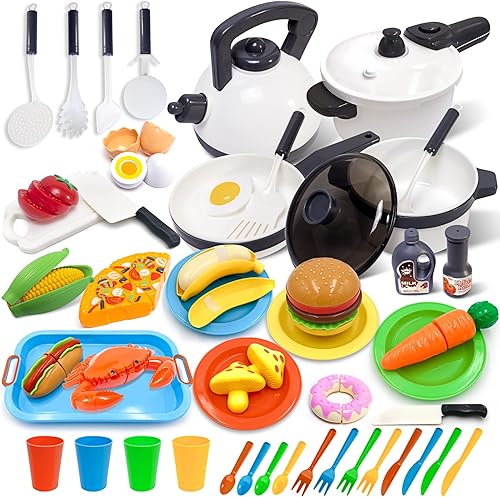 Utensilios de cocina para niños con juego de juguetes de comida para jugar, accesorios de juego de cocina con ollas y sartenes, utensilios de