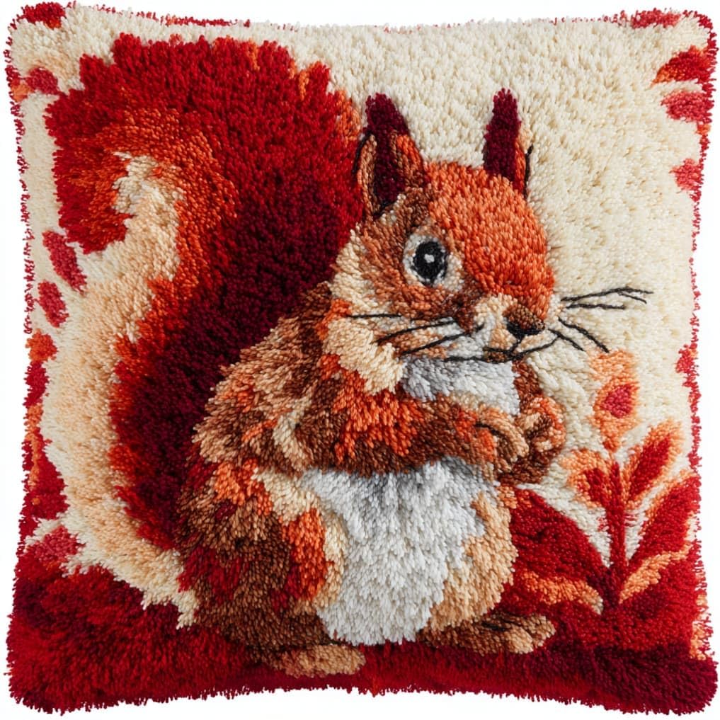 Taxpy Latch Hook Cushion Kits Red Squirrel Pillowcase Kits Embroidery Kit 17X17 Inch DIY Needlework Pillow Cover Sofa Cushion Rug Making