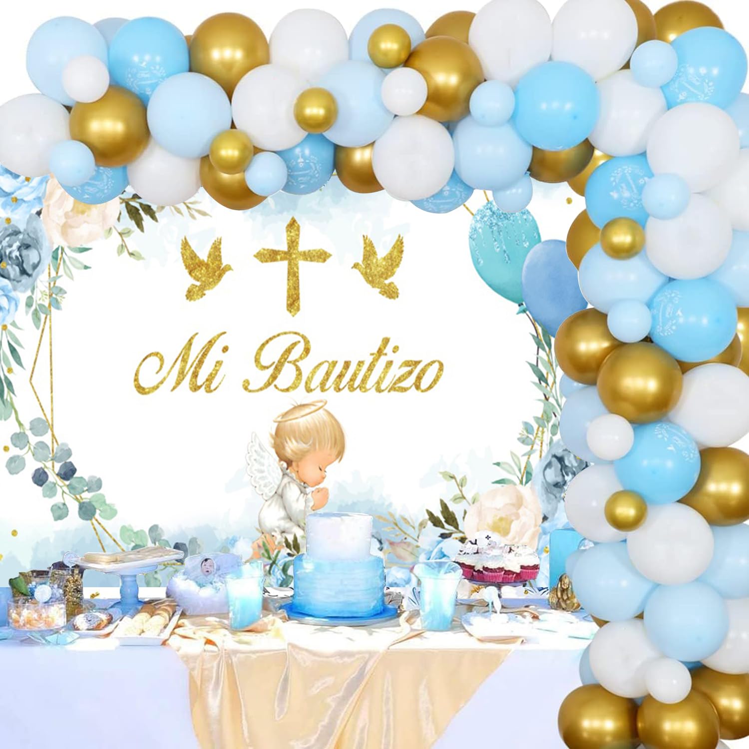 Mi Bautizo Telón de Fondo 2,2x1,5m, Globo de Flores Azules Dorado Primera Comunión Vinilo Fondo de Fotografía para Niño Comunión Bautismo Baby Shower Fiesta Fotomatón Accesorios