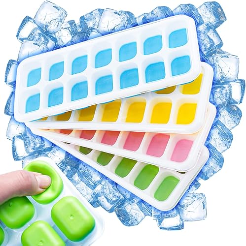Paquete de 4 bandejas para cubitos de hielo, moldes de silicona para cubitos de hielo con tapa extraíble, juego de bandejas de hielo flexibles de 14
