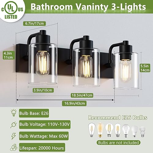 Miniatura 9 de Lámparas de baño doradas, 3 luces de baño sobre espejo con pantalla de vidrio transparente, apliques de pared dorados para cocina, sala de estar,