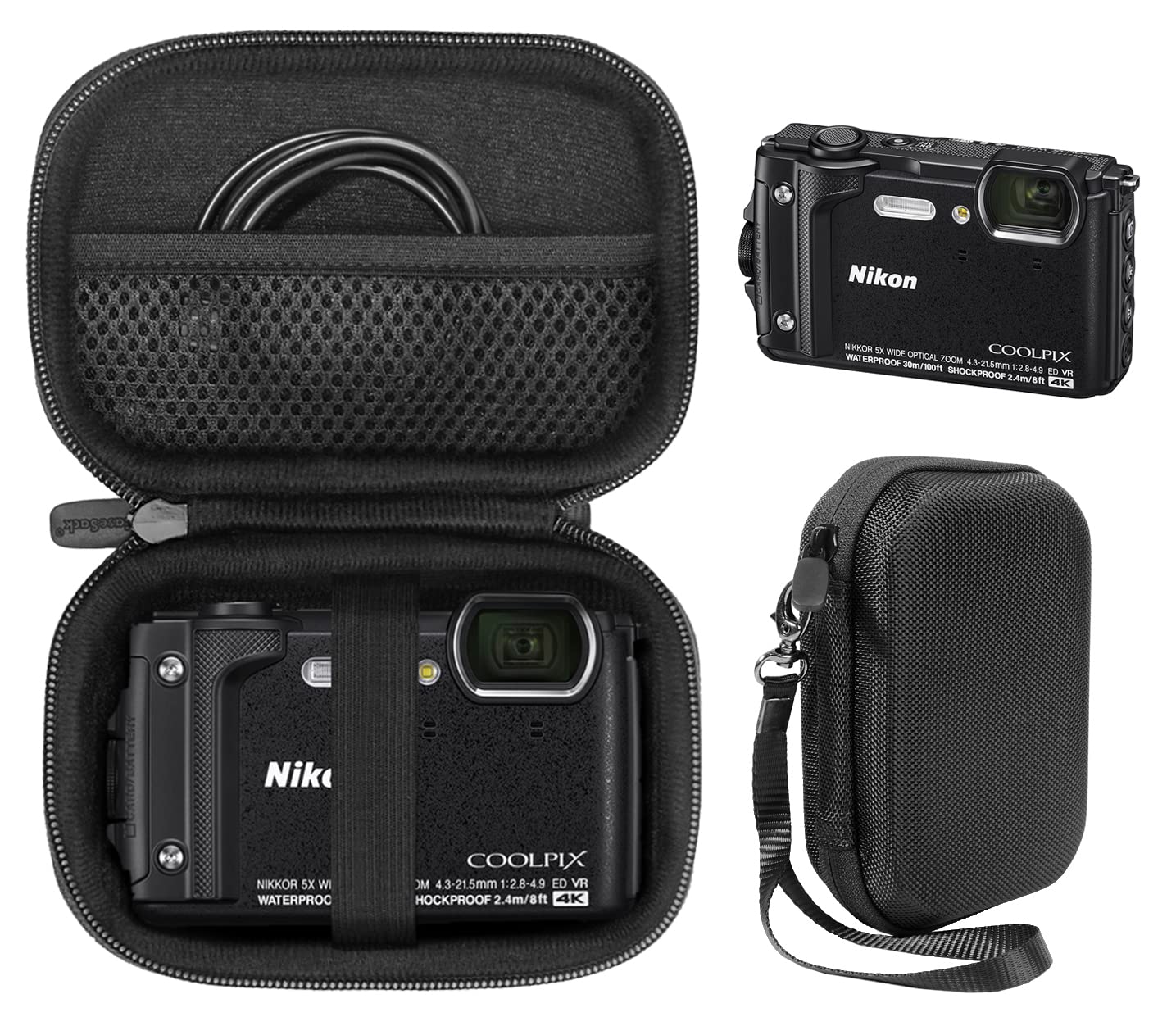 CaseSack Case for Nikon COOLPIX W300, AW130 Waterproof Camera, mesh pocket for SD cards, charge cord