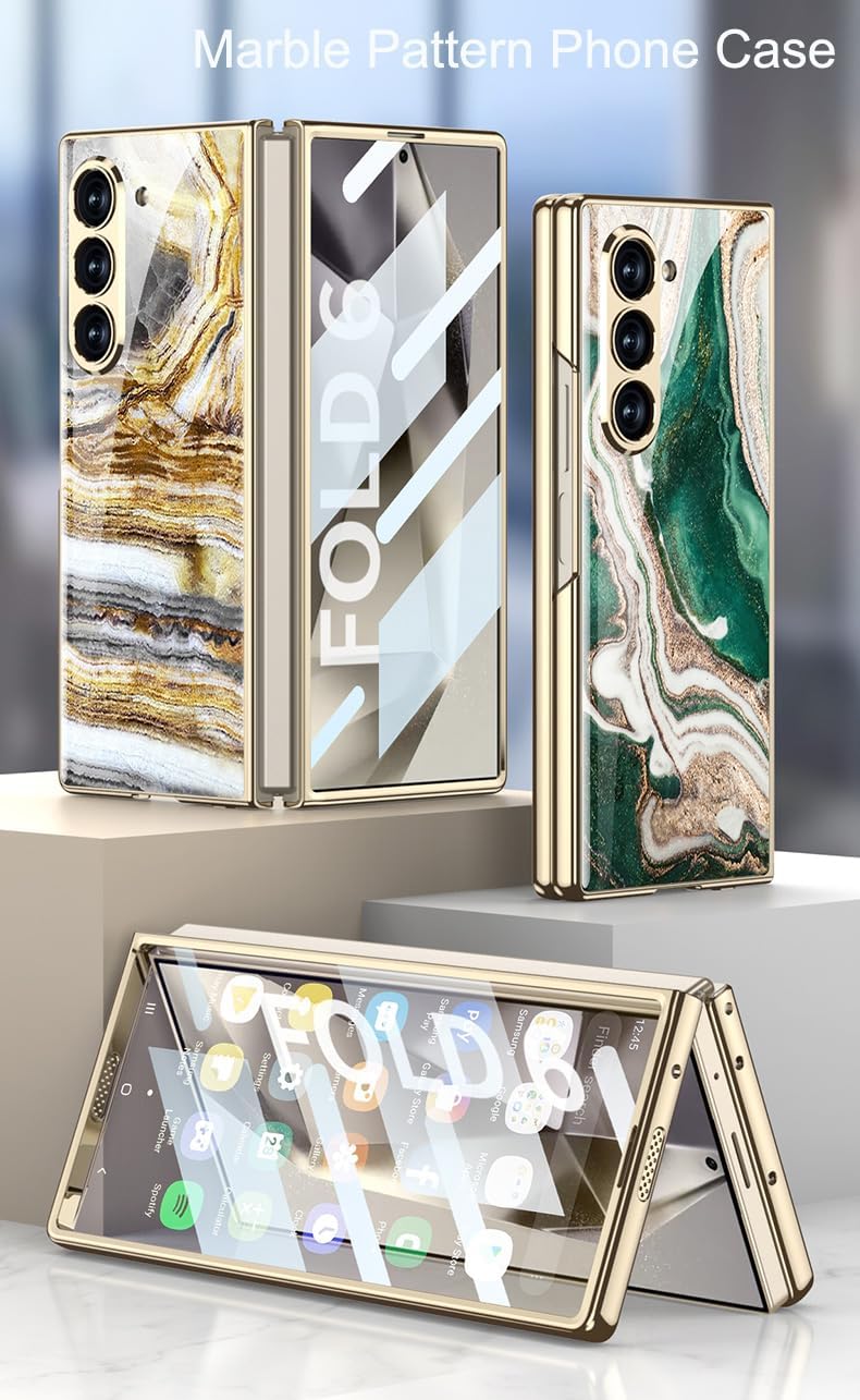 SHIEID Galaxy Z Fold 6 Case Stylish Electroplated Frame with Patterned Glass, Z Fold6 Phone Case with Screen Protector Protective Cover for Samsung Galaxy Z Fold 6, for Men and Women, Marble - 8