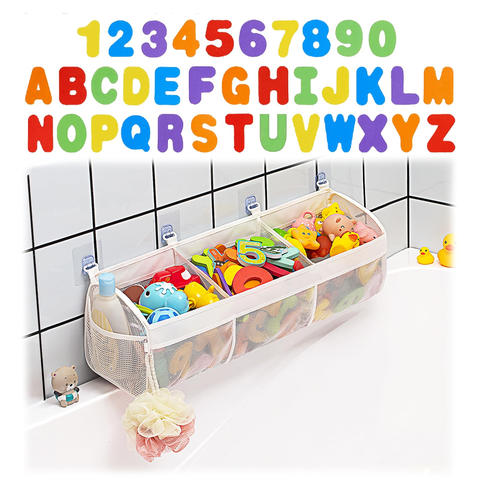 Austion Mesh Bath Toy Storage for Tub - Large Capacity Bath Toy Organizer with Large Openings, Bath Tub Toy Holder for Easy Access to Toys - Bonus 36 ABC Soft Foam Letters and Numbers