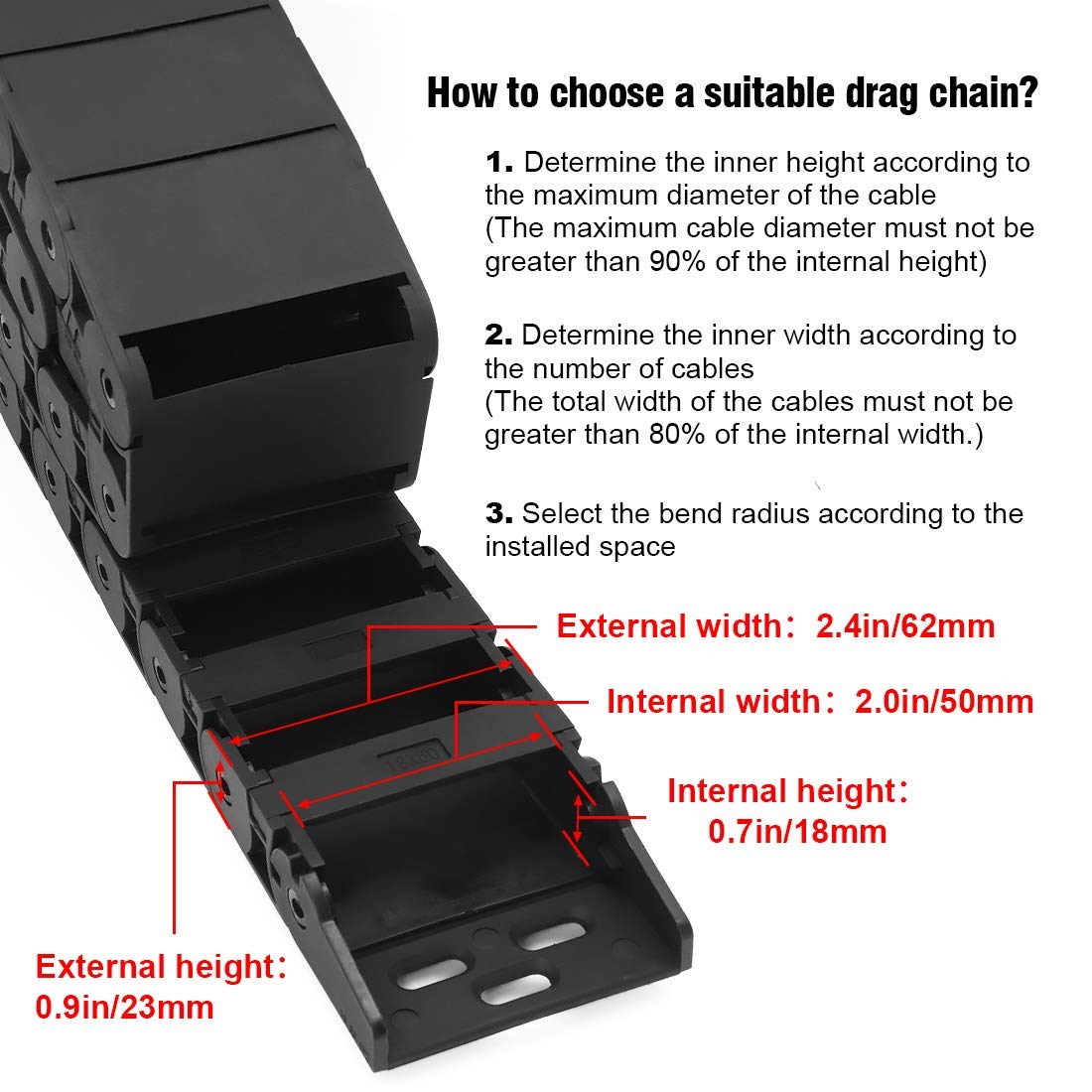 Black Plastic Cable Wire Carrier Drag Chain 1M Length for CNC, with End Connectors - Semi Enclosed Type (Inner Side openable) Bending Radius: R38 18mm x 50mm(Inner H x Inner W)
