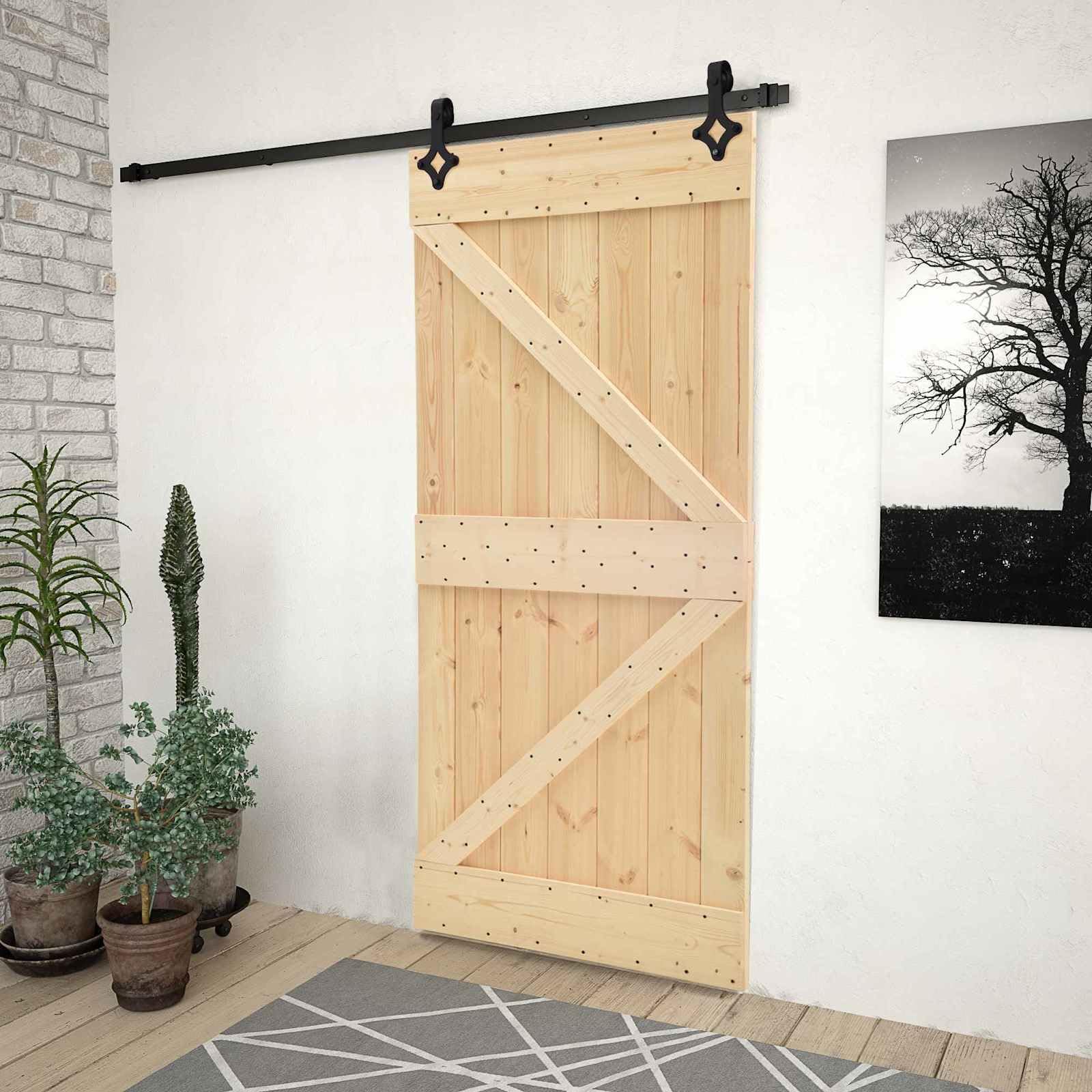 Porta scorrevole in legno di pino massiccio naturale e nero, 100 x 210 cm, con binario in acciaio verniciato a polvere, porta interna per divisorio salvaspazio, silenziosa