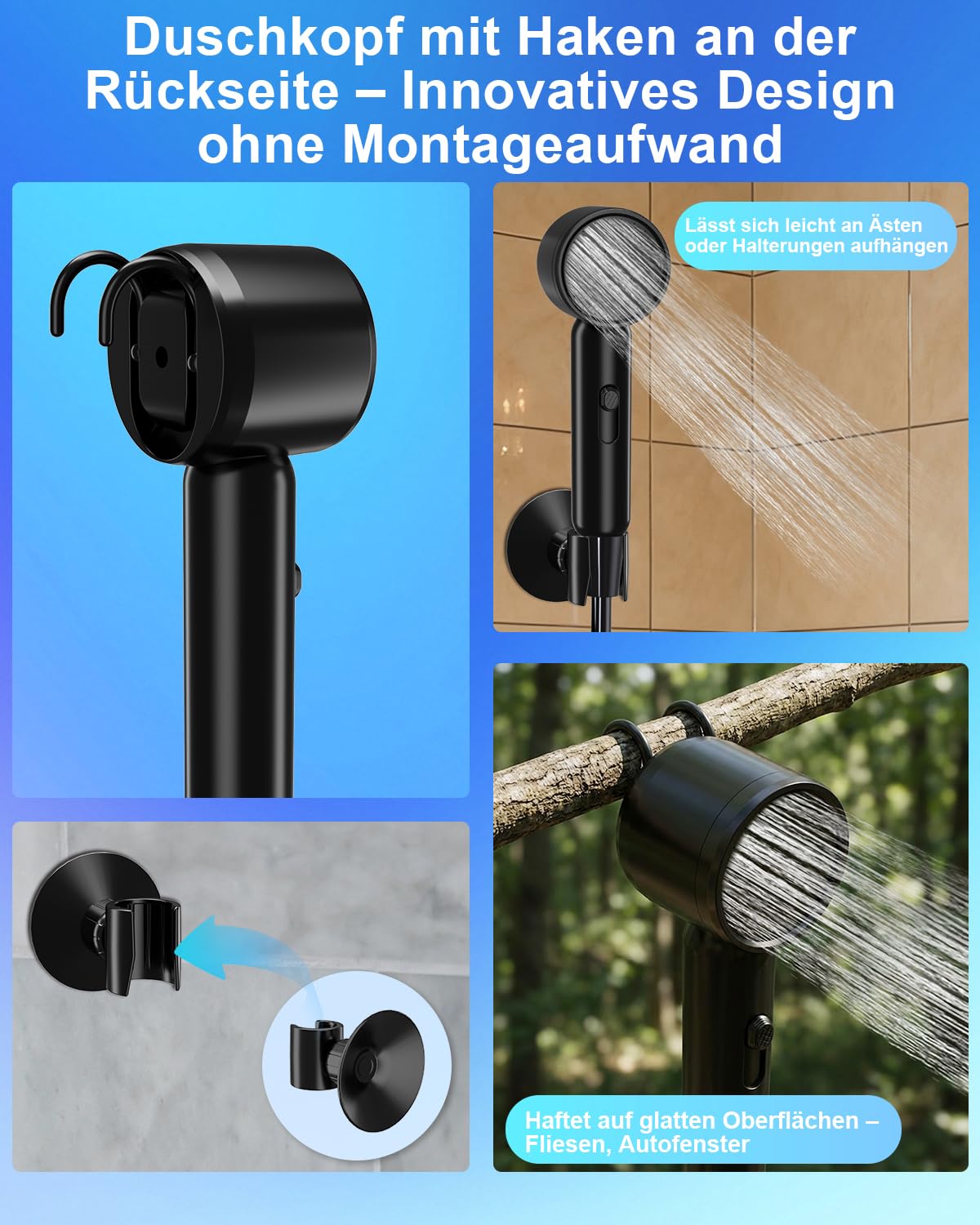 Spopal Campingdusche kompakt, IPX8 wasserdicht, tragbare Campingdusche mit Farbiger Stufenanzeige, Duschkopf mit Haken, Typ-C-Aufladung, Akku Dusche Pumpe für Wandern, Strand, Auto, Haustierwäsche