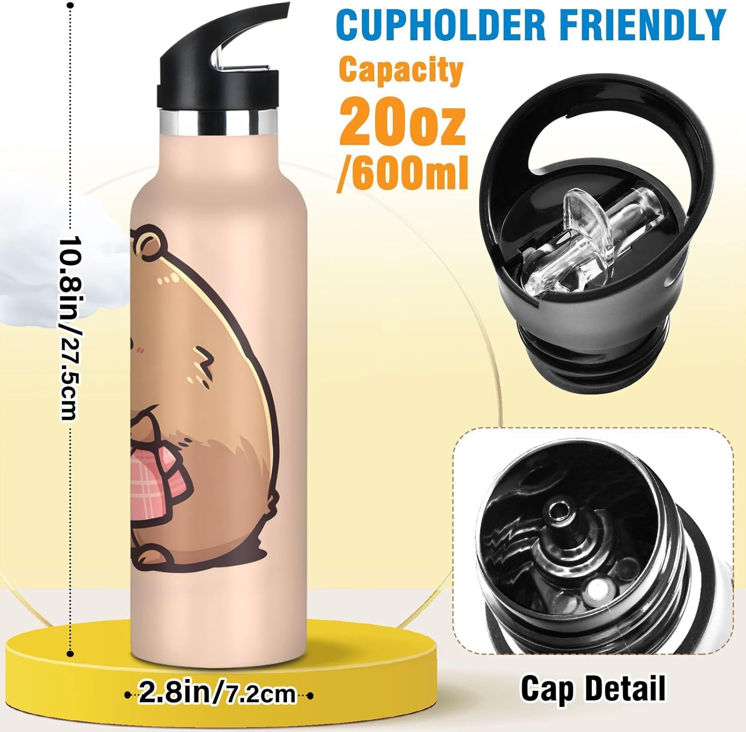 Cute Cartoon Capybara Insulated Water Bottle with Straw Lid,Vacuum Stainless Steel Mug Leakproof Tumbler Water Bottle for Sports Travel School,20oz - Image 2