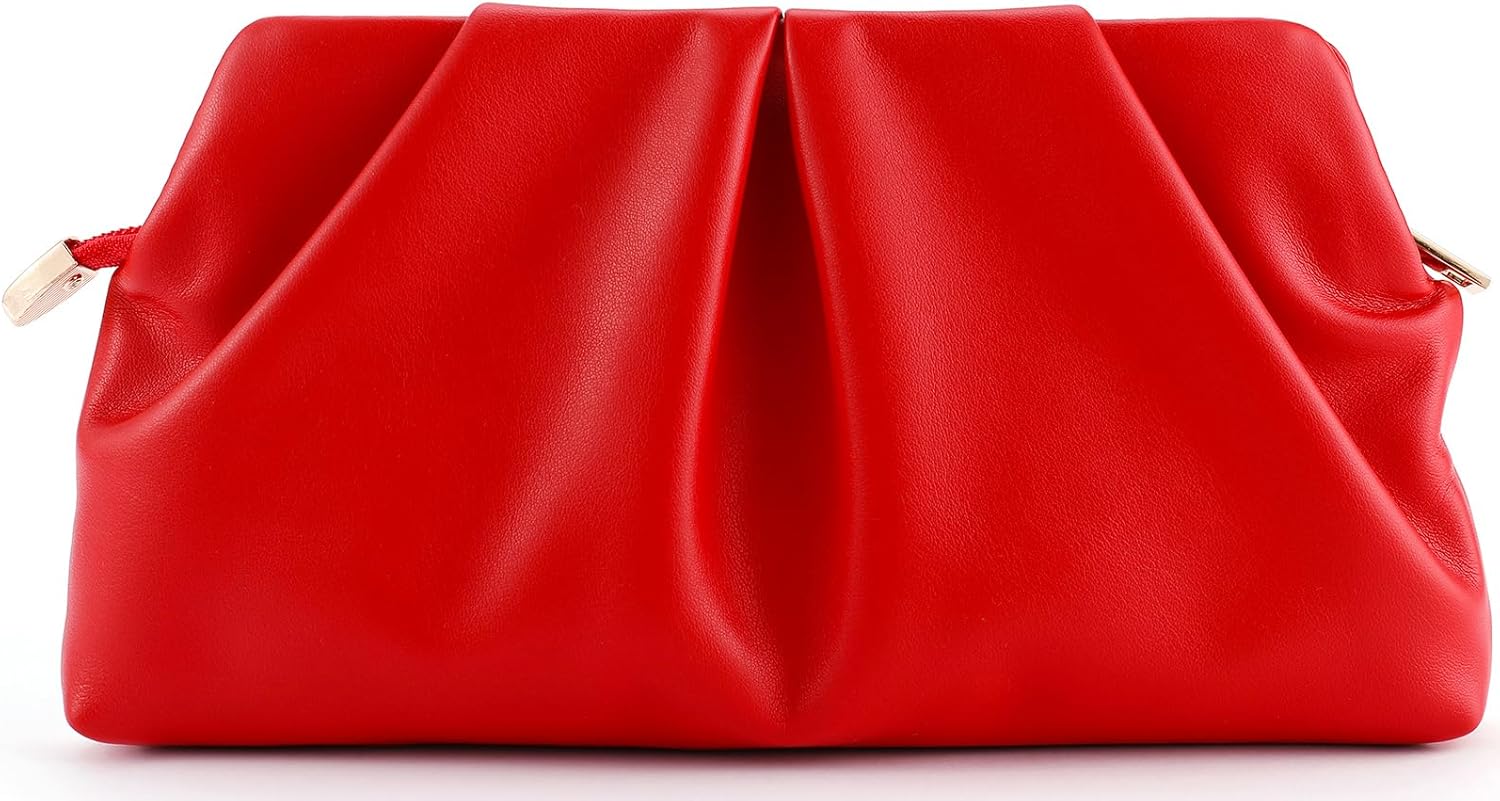 QIRACHIC Women Clutch Bag Dressy Formal Handbag Pleated PU Clutch Purse Detachable Chain Crossbody Bag