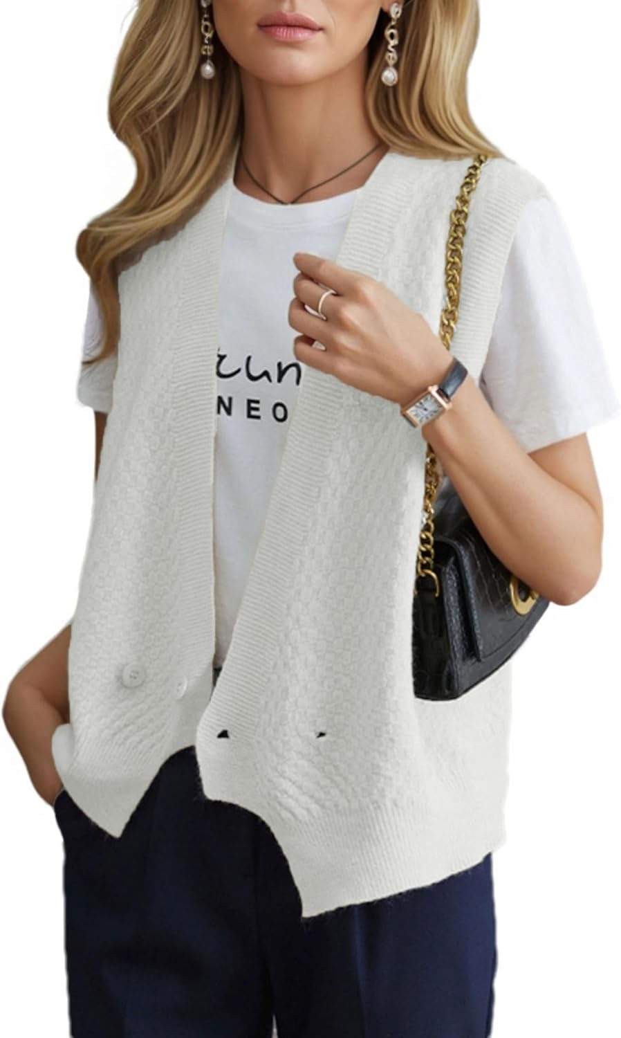 Women's Sweater Vest Sleeveless V Neck Knit Cardigan Sweater Waistcoat Tops(0377-RiceWhite-L)