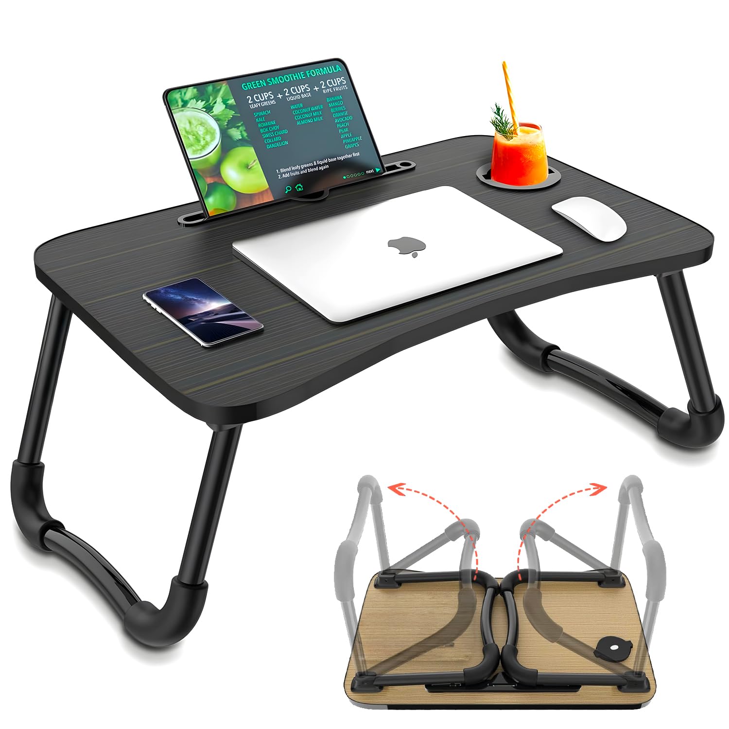 Wintem - Tavolino da Letto Pieghevole Nero 60x40 cm con Porta Bicchiere e Supporto Tablet | Tavolino Salvaspazio per Colazione, Studio o Relax su Letto o Divano