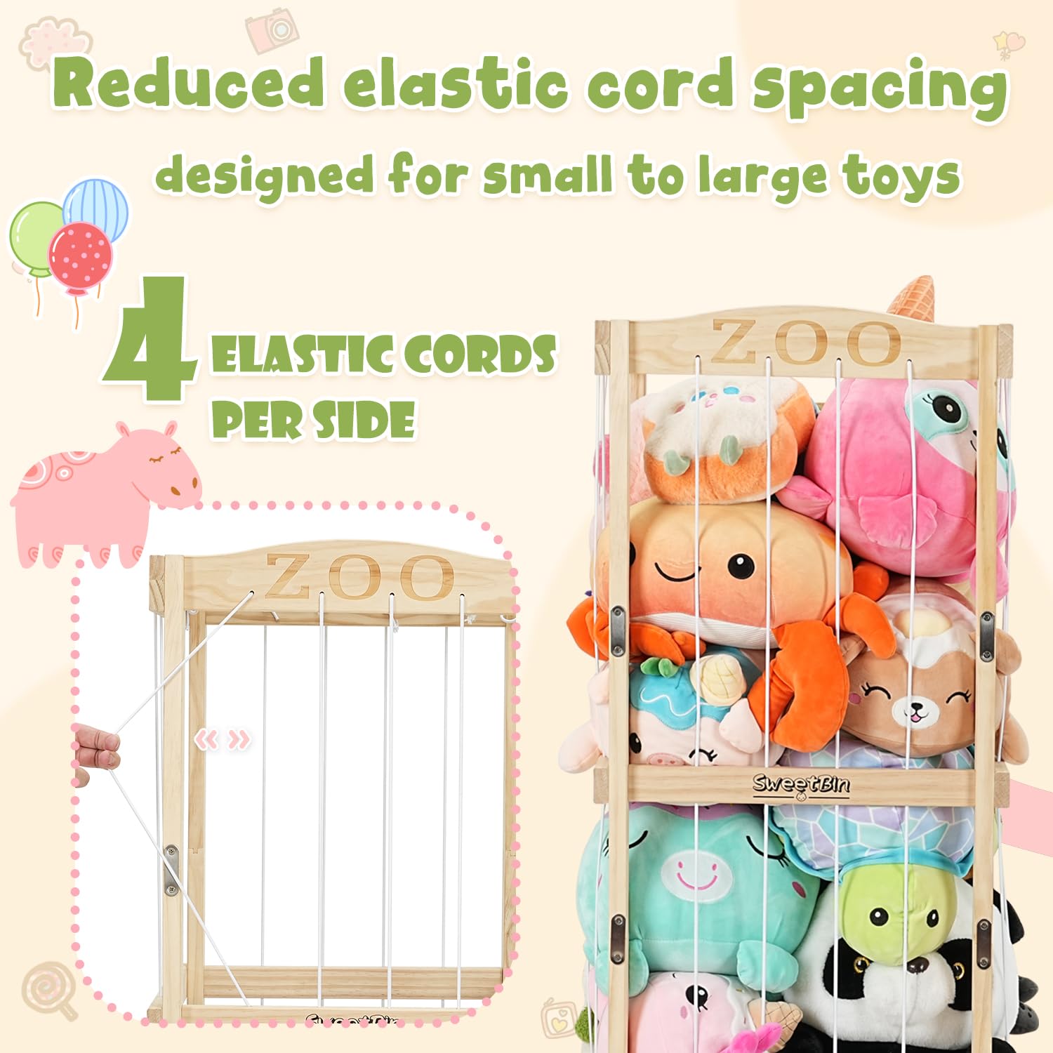 Stuffed Animal Storage & Organizer, Wooden Zoo Stuffed Animal Holder Storage Cage with Elastic Band, Extra Large Plush Storage for Playroom Bedroom