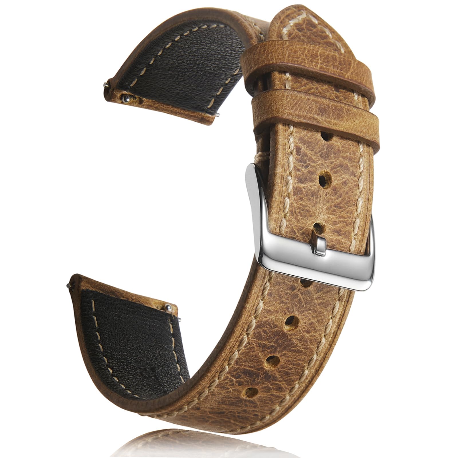 Getalia 20mm Leather Watch Band, Italian Retro and vatage Crazy Horse Leather, Quick Release Replacement Strap for Men and Women, Silver Stainless Steel Buckle (Light Brown - Crazy Horse)