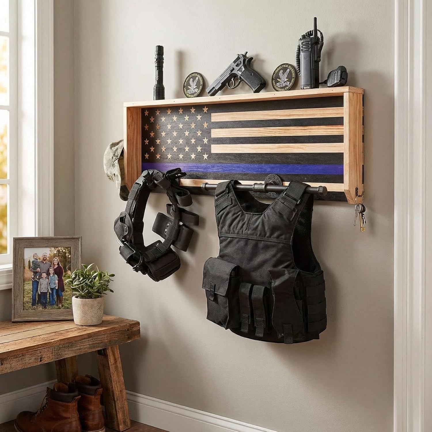 GUTE Police Wall Mounted Tactical Duty Gear Rack with Blue American Flag | First Responder Storage Shelf & Organizer for Policemen, Law Enforcement Holder | Gift Décor