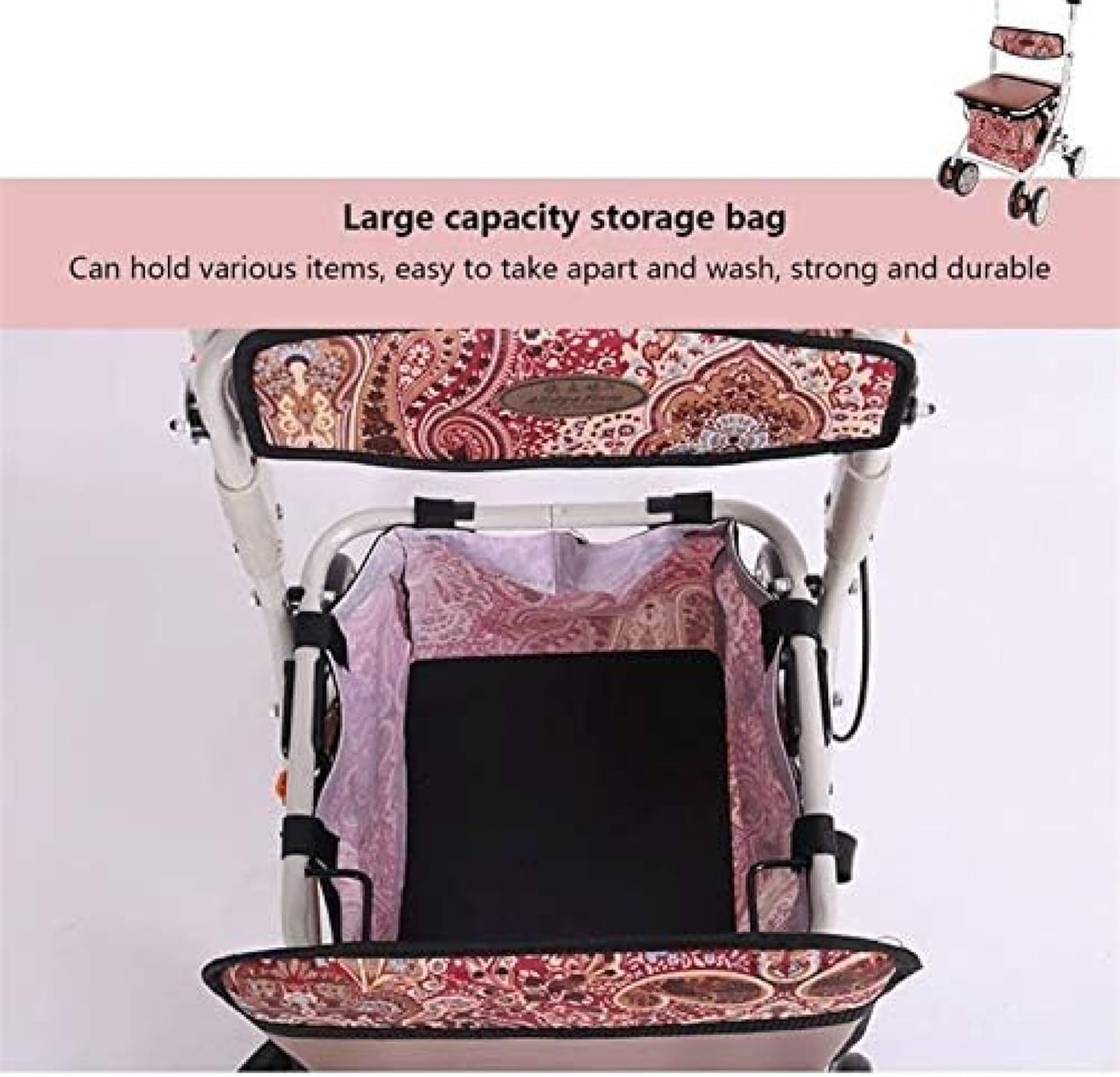 Andador plegable con asiento, ligero, altura ajustable, asiento acolchado, cesta de transporte, frenos bloqueables, fácil almacenamiento y transporte