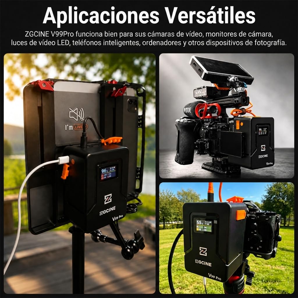 ZGCINE V Mount Battery V99 Pro, 94.72Wh 6400mAh Bateria V-Mount, PD 100W Carga Completa en 1.5H, Pantalla OLED con 2 USB-C/D-Tap/2 DC/BP Ports para Cámara, Videocámara, Monitor, Portátiles, Luz