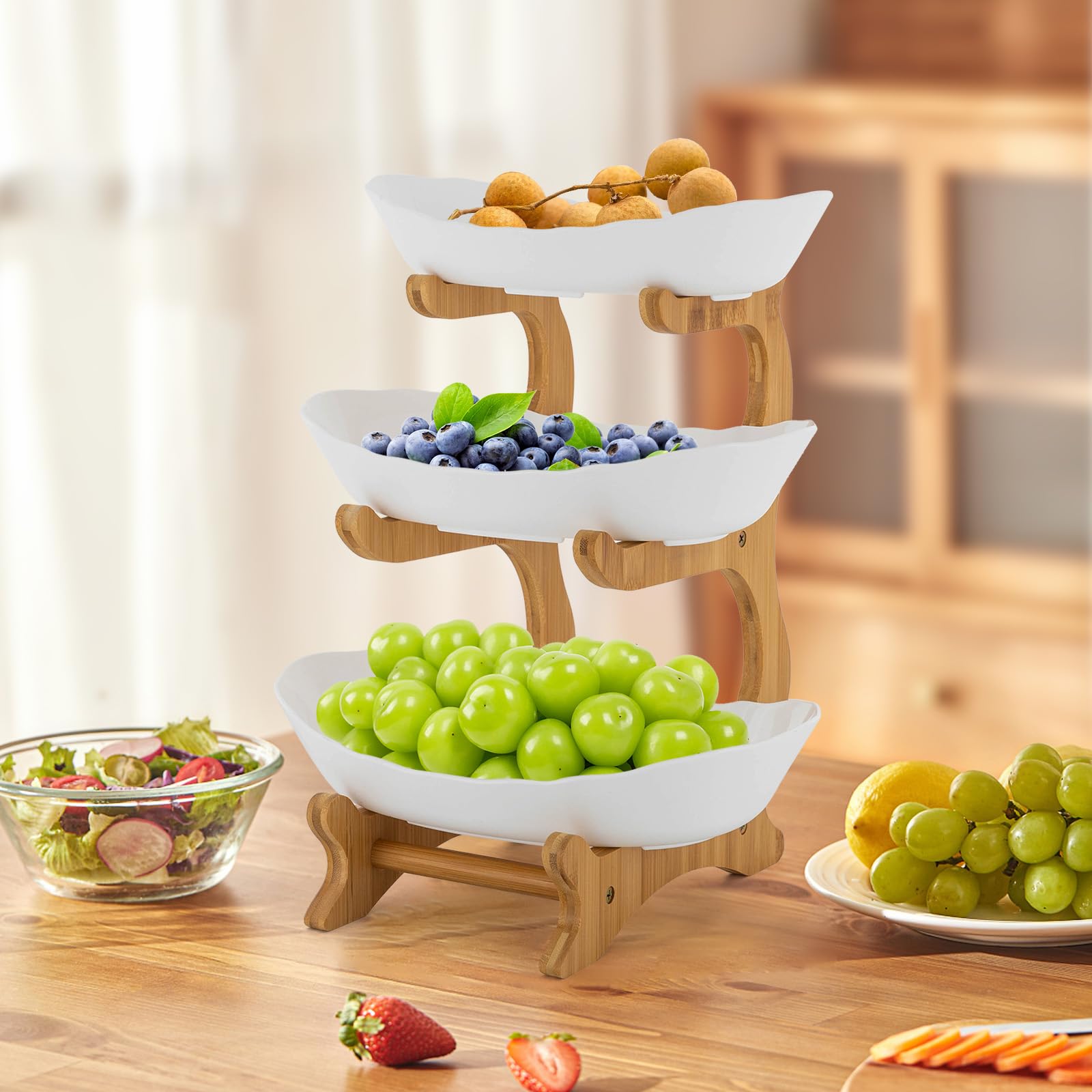 Alzata per frutta a 3 ripiani, salvaspazio, stabile e senza tremori, con supporto in bambù naturale per frutta e snack