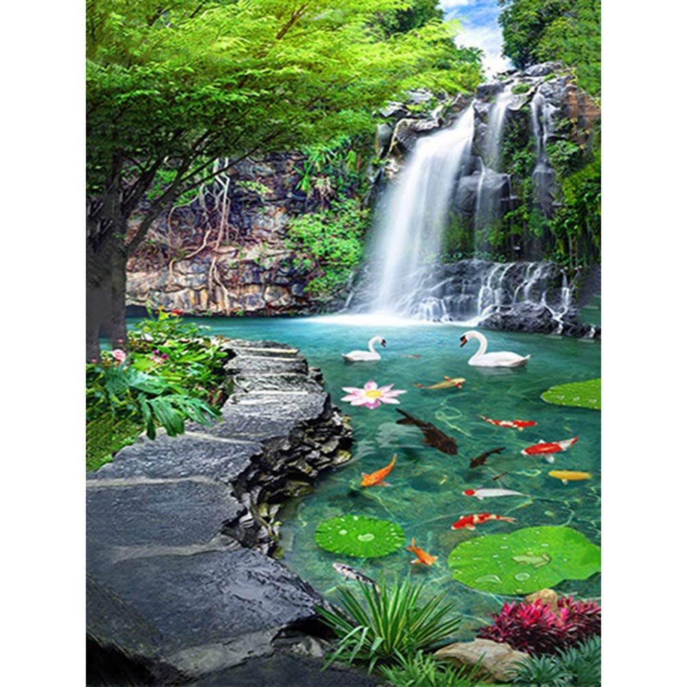 CTRLZS 5D Painting Waterfall Scenery Fish DIY Embroidery Landscape Full Rhinestones Home Decor