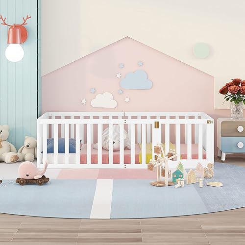 Miniatura 3 de P PURLOVE Base de cama de suelo de tamaño individual para niños, camas Montessori de madera con riel de valla para niños y niñas, (blanco, cama