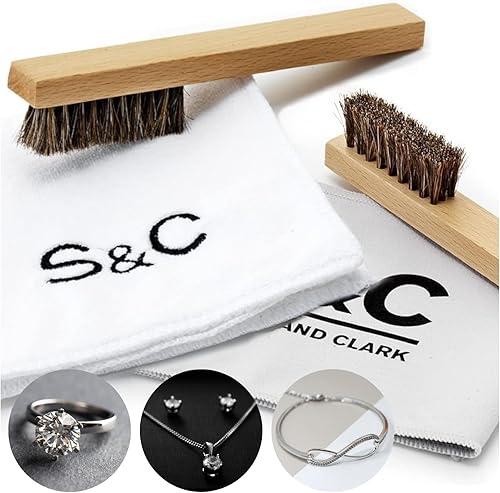 Stone and Clark Cepillo de limpieza de joyas, cepillo de pelo de caballo pequeño para ropa con microfibra y paño de pulido, cepillo de joyería de
