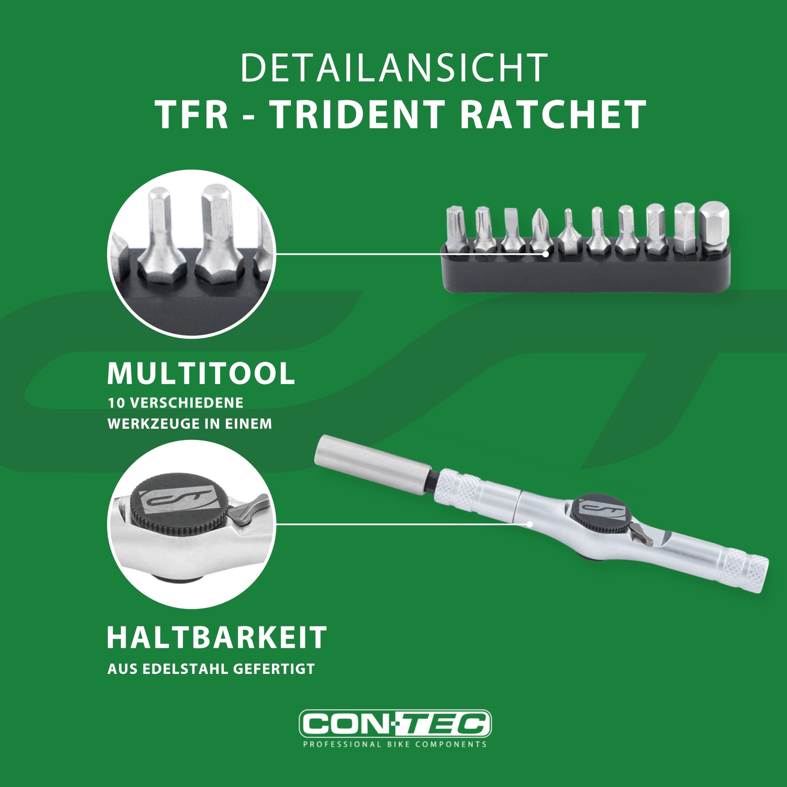 CONTEC Fahrrad-Multitool Trident Ratchet, 10 in 1, Multifunktionswerkzeug, Reparatur Set, Mini-Tool, Multi-Purpose, Innensechskant, Schraubendreher