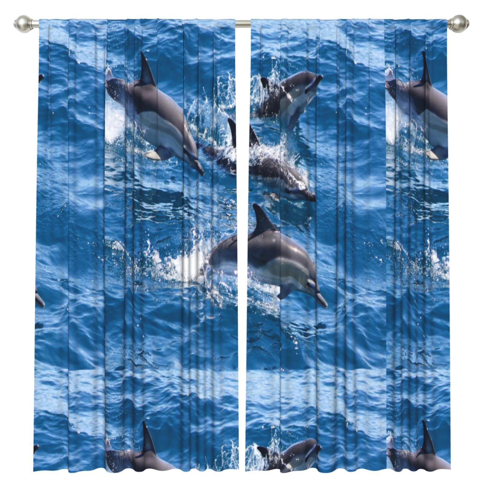 InOmak Dolphins In The Sea, 2 Panels Window Curtains 52 x 84 Inch Blackout Curtains for Living Room Bedroom