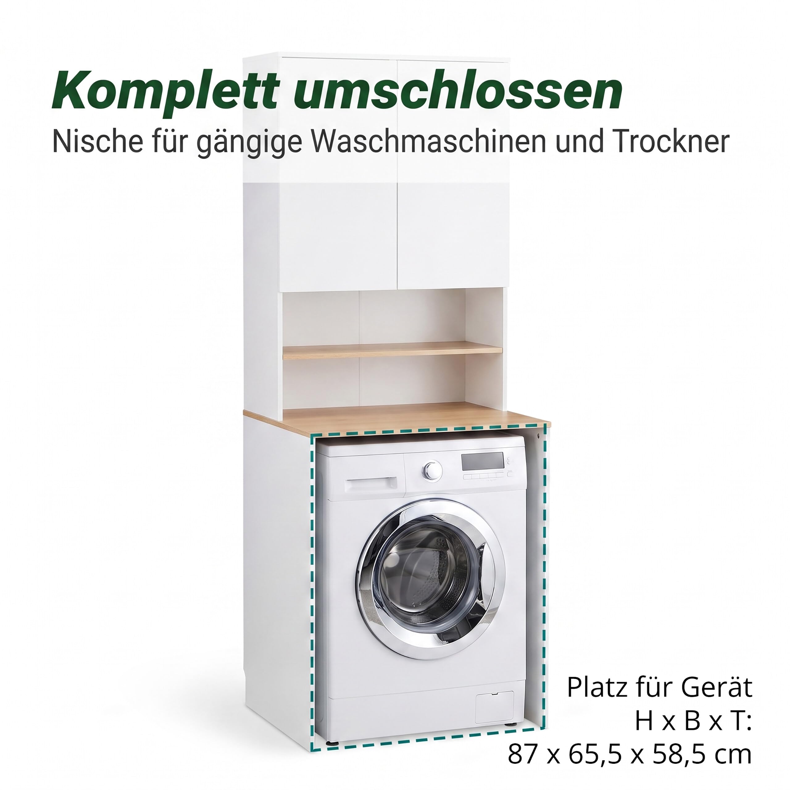 Relaxdays Waschmaschinenschrank, 4 Fächer, HxBxT: 188,5 x 68 x 60 cm, Überbauregal Waschmaschine, Trockner, weiß/Natur