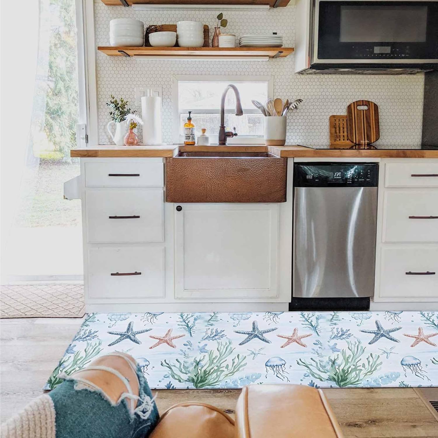 2 Pieces Kitchen Rugs and Mats,Summer Ocean Starfish Jellyfish Coral Area Runner Rug Set Non Slip Floor Doormat Washable Carpet Standing Mat for Kitchen Sink Indoor Corridor,Coastal Marine Creature