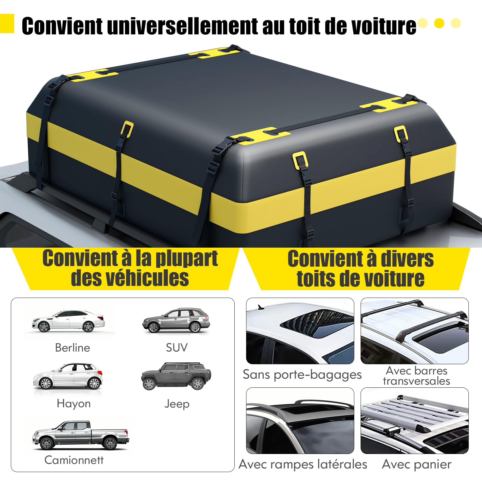 GOPLUS Sac de Toit pour Voiture Imperméable, Bagage de Toit de 595 l avec Tapis Antidérapant & Serrure Chiffrée&10 Sangles&6 Crochets de Porte, Adapté à Tous Véhicules avec/sans Galerie de Toit