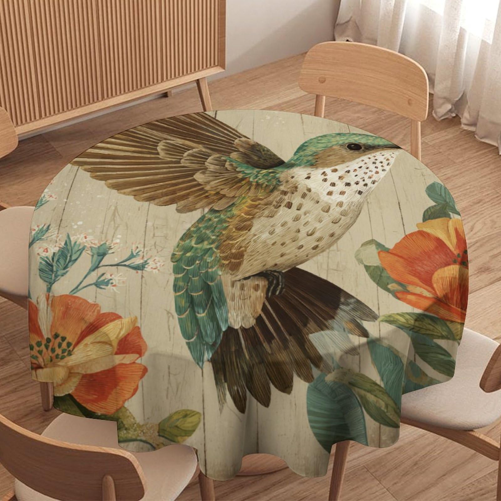 LUYYSKY Classic Beautiful Birds Hummingbird Round Tablecloth Retro Watercolor Wooden Board Animals Hummingbirds Flowers Washable Decor for Table Cover for Kitchen-127 Wx127 L cm