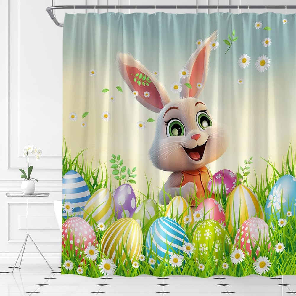 AMFD Happy Easter Shower Curtain Funny Rabbit Easter Eggs Spring Garden Farmhouse Festival Rustic Bathroom Curtains Decor Polyester Fabric Include Hooks,(70"" Wx74.8 H), Blue Green Yellow Pink
