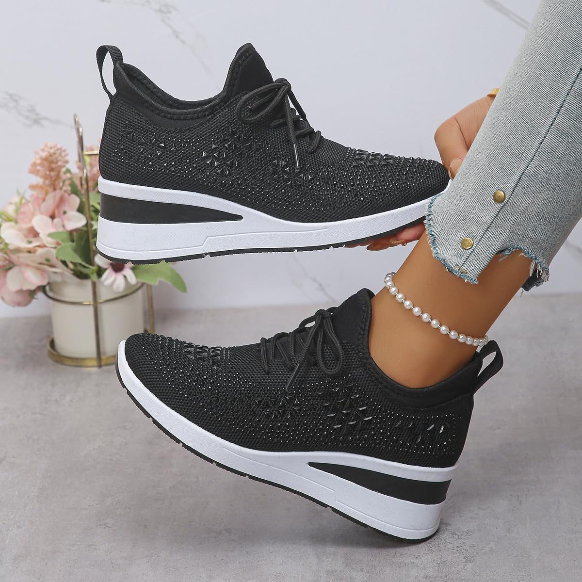 Donna Glittery Rhinestone Fashion Breathable Wedge Sneakers, Sparkly Platform Trainers Lightweight Comfy Slip On Walking Shoes, rosa., 40 EU