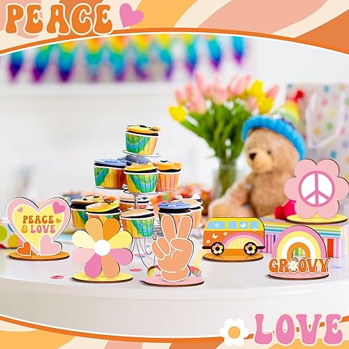 Miniatura 6 de RattanView 12 piezas de decoración de fiesta Groovy Groovy Centros de mesa para mesas, dos recuerdos de fiesta de cumpleaños, carteles de madera