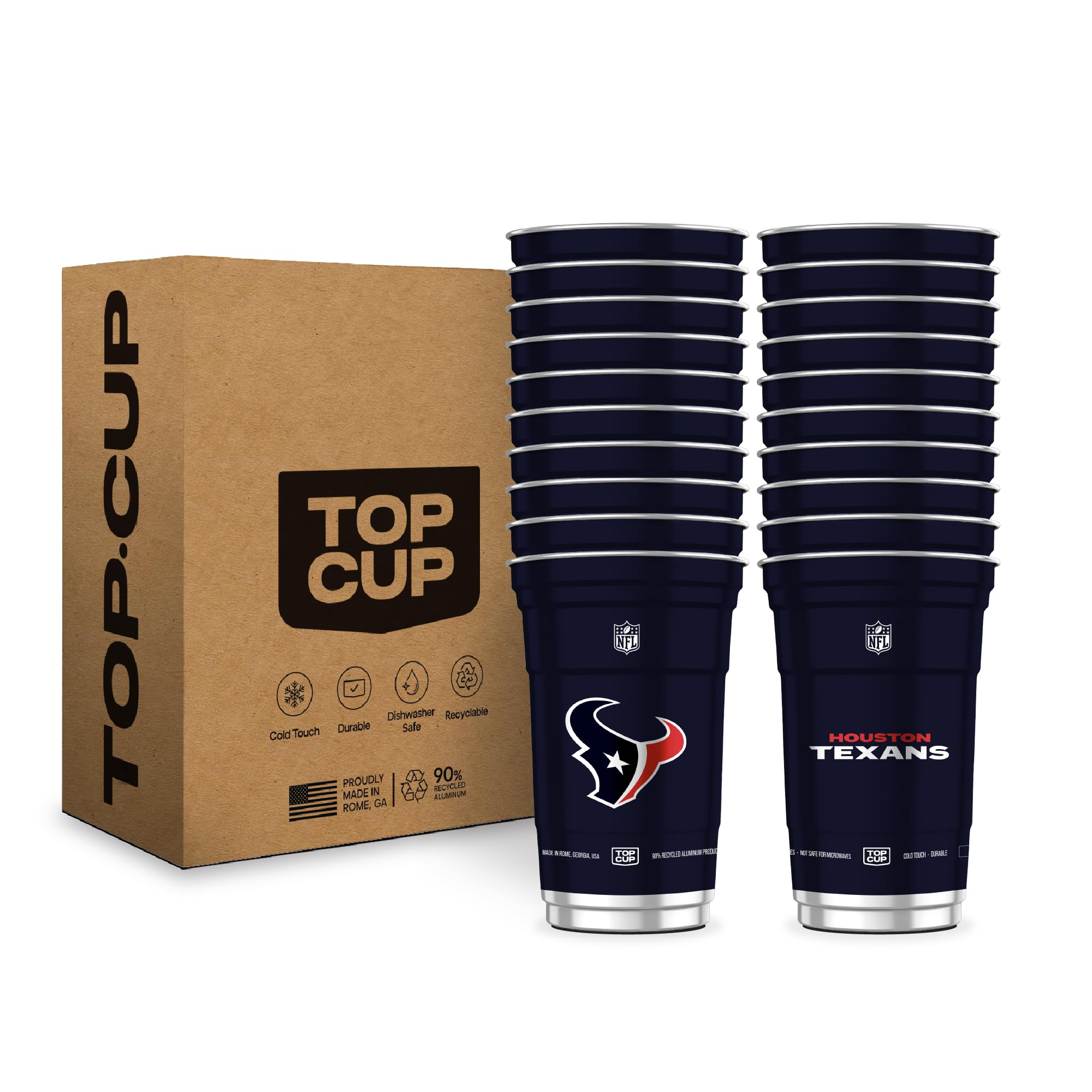 Top Cup NFL Houston Texans 20 oz Reusable Aluminum Cups 20 Count | Officially Licensed, Durable, Reusable & Recyclable, Made in USA