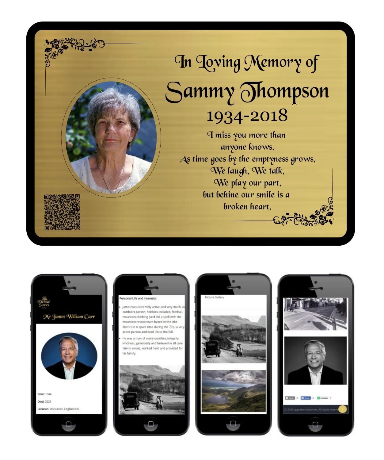 Personalised Memorial Photo Bench Plaque, Engraved Bench Plaques, Engraved Tree Sign, Gold, Silver, Weatherproof, QR Code, Free Digital Tribute Page (Gold)