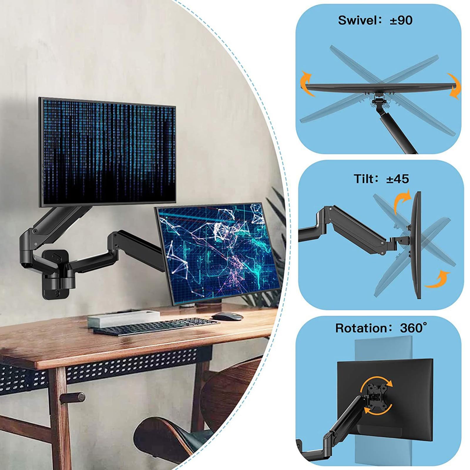 Soporte De Pared Para Dos Monitores, Con Brazos Ajustables, Para Monitores De 17-27″ (Capacidad De Carga De 17,6lb Por Brazo), VESA 75/100mm, Para Oficinas En Casa Y Configuraciones De Juegos