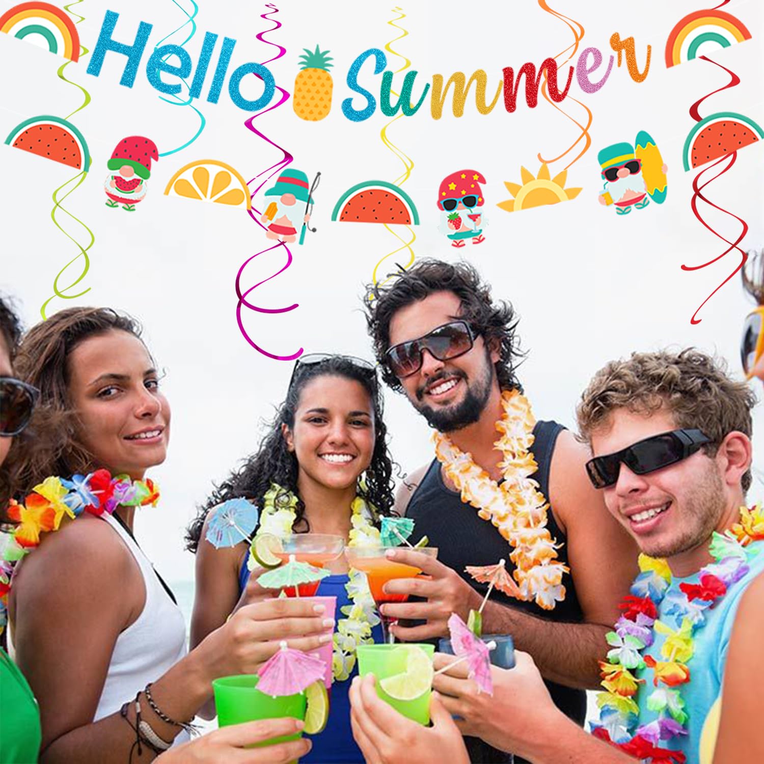 Suministros de decoración de fiesta hawaiana de Luau de verano – 21 pancartas de hola, linternas de papel para piscina, panal, guirnalda de serpentinas colgantes, pompones de tejido, abanicos de